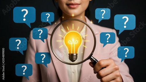 Business professional using magnifying glass to find ideas with question mark thought bubbles in dark background