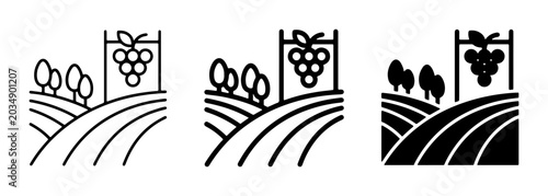 Vineyard Landscape Icons, Grape Harvest Icons, Winery Scenery Icons, Agricultural Icons, Organic Farming Icons, Countryside Icons, Vector Set