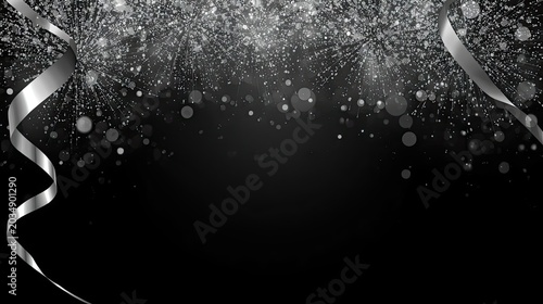 Black and Silver Celebration Background with Fireworks and Elegant Ribbons