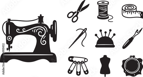 Sewing tools and machine illustration set black