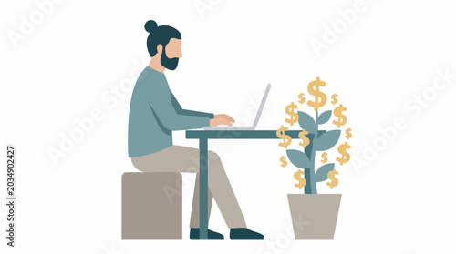 Photos Man working on laptop next to money plant, concept of financial growth