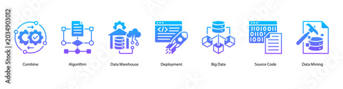 Foto Data Systems web banner icon vector illustration featuring Combine, Algorithm, Data Warehouse, Deployment, Big Data, Source Code, and Data Mining