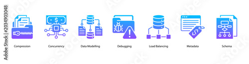 Foto Data Architecture web banner icon vector illustration featuring Compression, Concurrency, Data Modelling, Debugging, Load Balancing, Metadata, and Schema