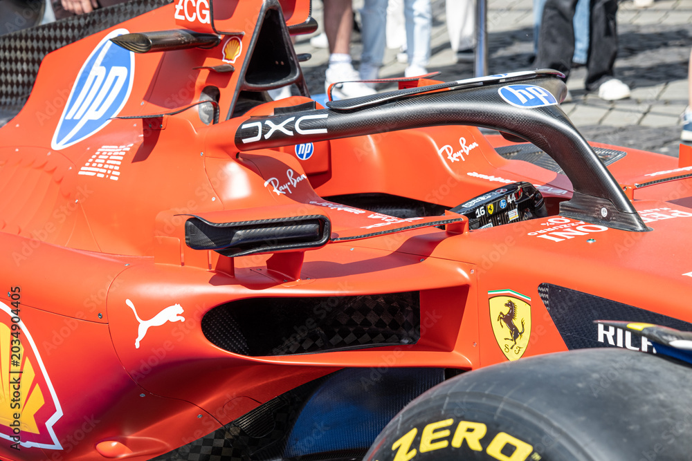 Naklejka premium Sibiu, Romania - May 25, 2026 a Ferrari SF-26 Formula 1 car unveiled for the 2026 exhibited in the large square in the city center Sibiu