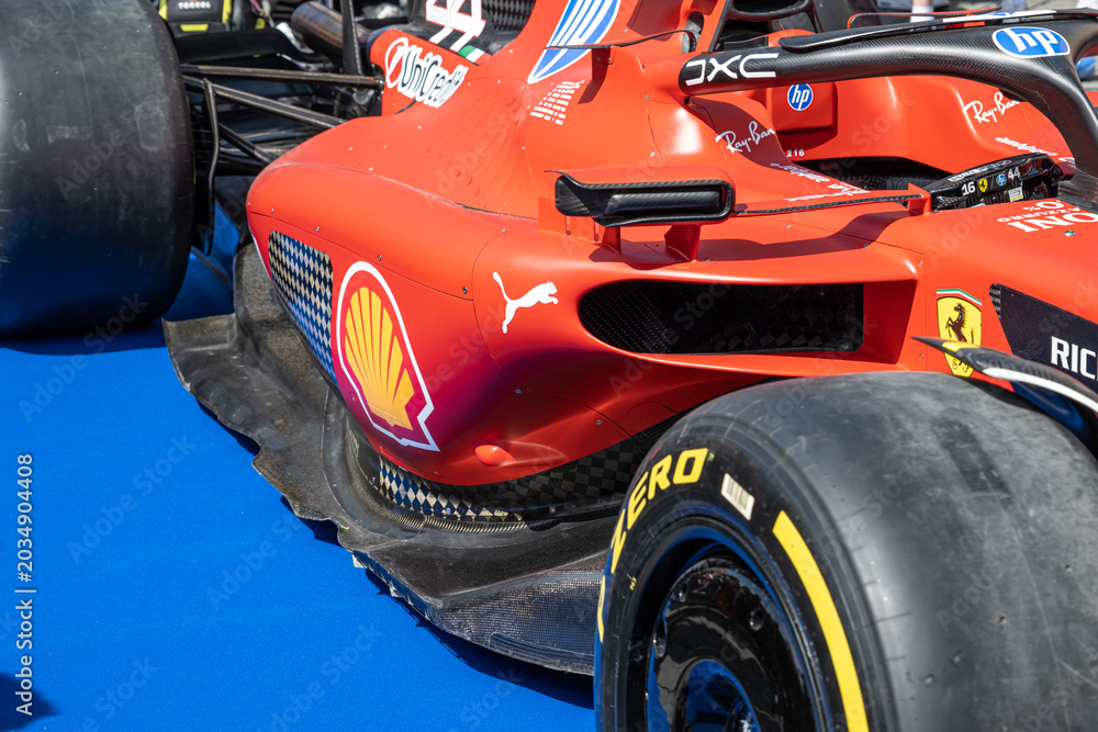 Naklejka premium Sibiu, Romania - May 25, 2026 a Ferrari SF-26 Formula 1 car unveiled for the 2026 exhibited in the large square in the city center Sibiu