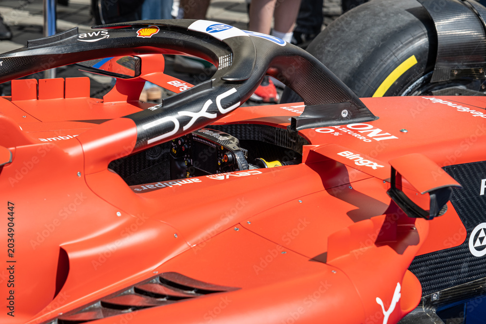 Naklejka premium Sibiu, Romania - May 25, 2026 a Ferrari SF-26 Formula 1 car unveiled for the 2026 exhibited in the large square in the city center Sibiu