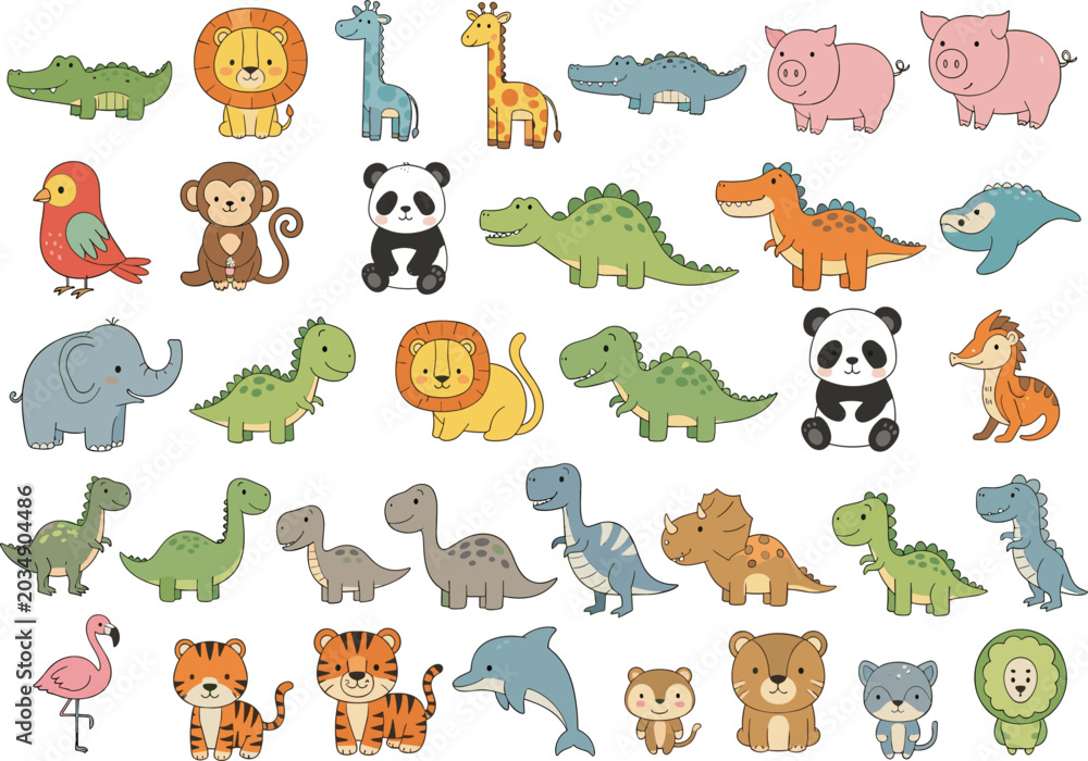 Obraz premium Cute cartoon animal and dinosaur collection vector illustration featuring safari wildlife, prehistoric creatures, and adorable zoo character design set