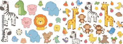 Cute cartoon safari animal collection vector illustration featuring jungle wildlife, adorable zoo creatures, and playful nursery character design set