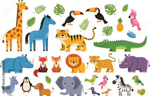 Cute safari animal collection vector illustration featuring jungle wildlife, tropical birds, exotic creatures, and colorful cartoon zoo character set