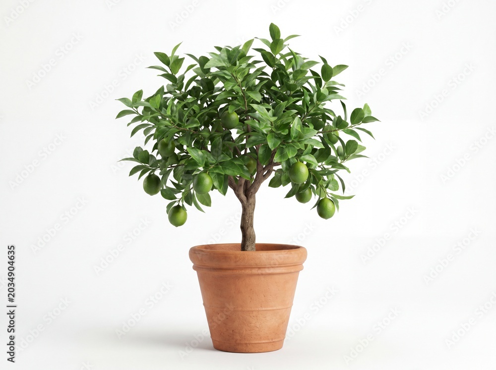 Obraz premium Potted green citrus tree in terracotta pot