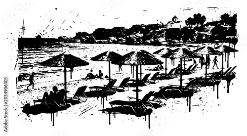 Canvastavla Summer beach landscape with sun umbrellas and loungers in distressed grunge styl
