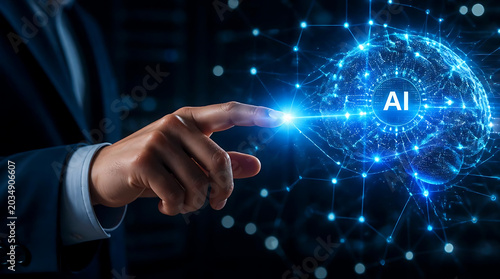Businessman hand touching glowing blue artificial intelligence brain interface.