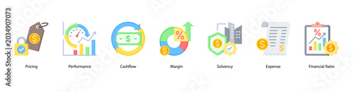 Photos Financial Basics web banner icon vector illustration featuring Pricing, Performance, Cashflow, Margin, Solvency, Expense, and Financial Ratio