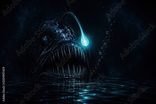 Abyssal sea creature with glowing lure and needle teeth