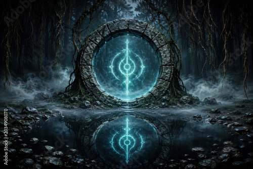 Glowing forest portal with stone circle and water reflection