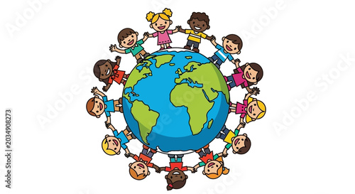 Diverse children holding hands globe.