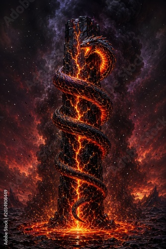 Magma serpent coiled around obsidian pillar with fiery glow