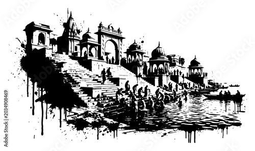 Fotografie Indian temple ghats by the river bank in urban stencil grunge style
