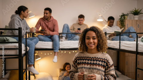 Smiling college student holding mug in shared dorm room with classmates relaxing on bunk beds studying reading social life campus housing community cozy youth lifestyle with friendship