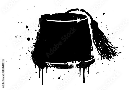 Quadro su tela Traditional fez hat with tassel and dripping ink splatters in grunge silhouette