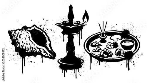 Fotografie Indian puja ritual items with conch shell and oil lamp in urban stencil style