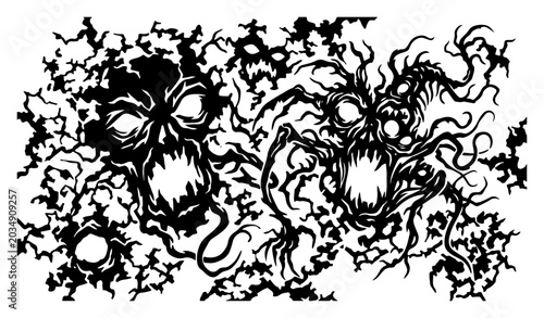 Schilderij op canvas Horror monster ghosts and scary creature silhouettes emerging from shadows in bl