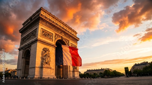 Arc de Triomphe with French flag at sunset under golden clouds in Paris wide angle shot