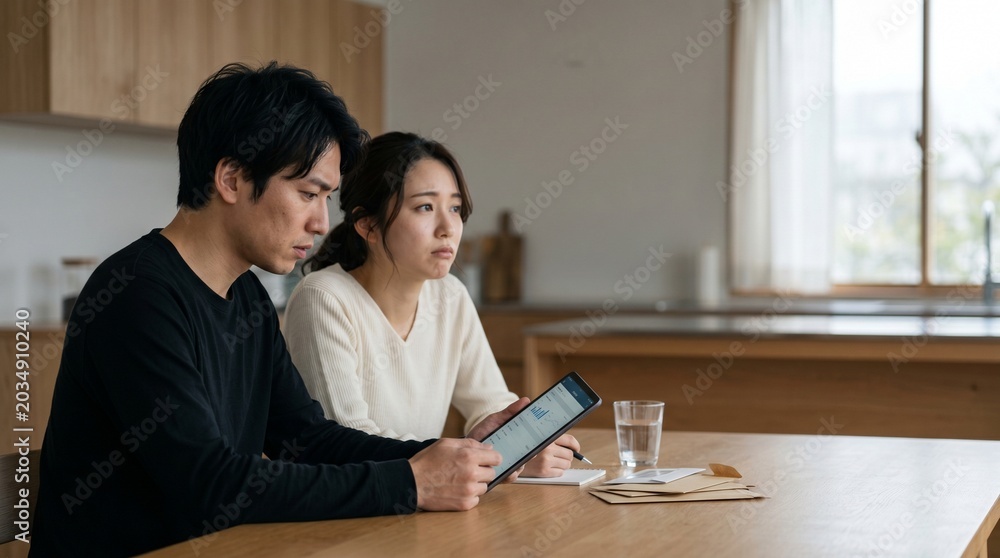 Fototapeta premium Asian couple reviewing finances on a tablet at home.