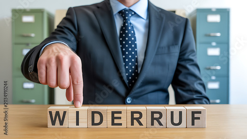 Businessman's fingers touching wooden blocks spelling WIDERUF on a desk with filing cabinets in background