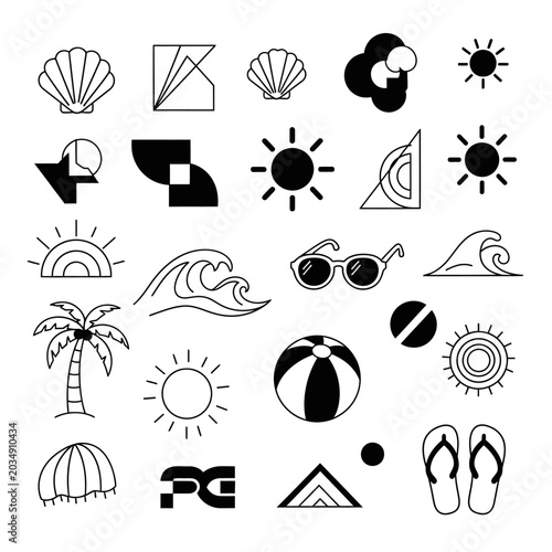 Summer Icon Set: Beach, Sun, Shell, Wave, and Geometric Elements