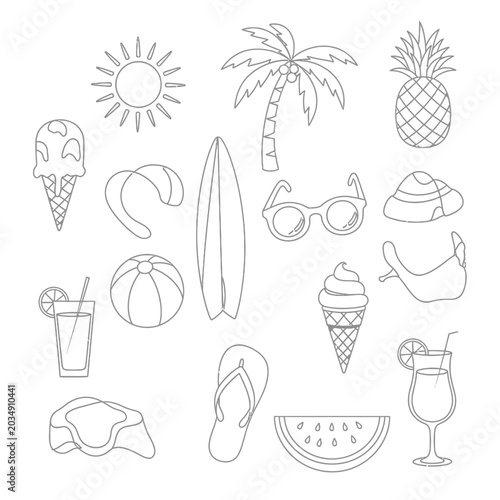 Summer vacation elements outline, beach holiday icons, vector set