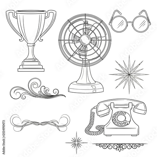 Vintage Illustrations: Cup, Fan, Glasses, Ornaments, Stars and Phone