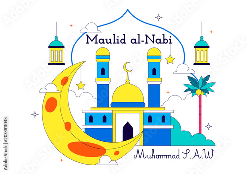Maulid Nabi Vector Illustration Featuring Islamic Mosque, Crescent Moon, Lantern and Mawlid Celebration Design Templat