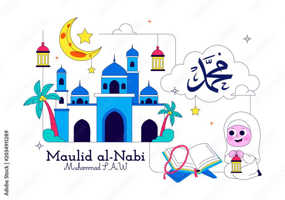 Obraz premium Maulid Nabi Vector Illustration Featuring Islamic Mosque, Crescent Moon, Lantern and Mawlid Celebration Design Templat