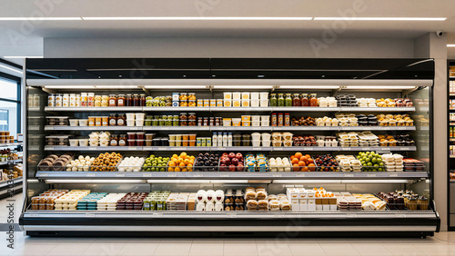 Well-Stocked Supermarket Cooler with Diverse Fresh and Packaged Foods