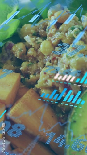 Vertical video: HUD on avocado chickpea showing detail as camera panning charts updating nutrition