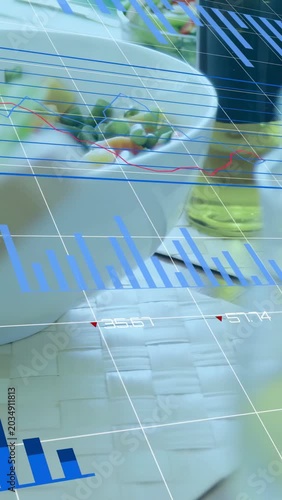 Vertical video: Camera tilting, panning to salad as AR charts sliding over bottle showing nutrition