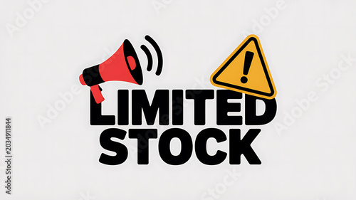 Red Megaphone and Yellow Warning Triangle Above Bold Black Text Limited Stock on White Background