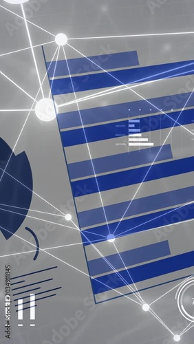 Vertical video: Network lines rising, segmented pie and striped bars linking nodes to show metrics