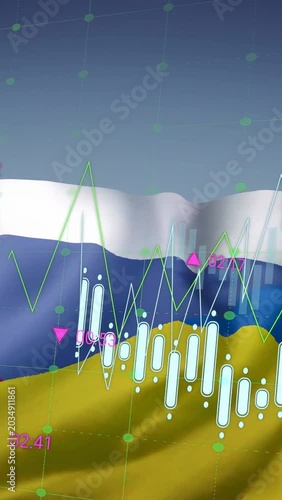 Vertical video: Camera panning, three-color bands waving while bars glowing, moving, showing trends