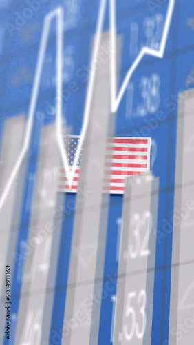 Vertical video: White line growing, US flag staying centered while bars rising, visualizing market