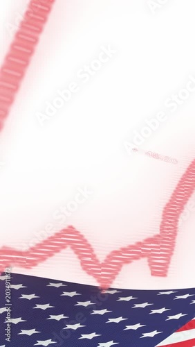 Vertical video: Spike rising into arrow red line fluctuating above American flag showing data 42