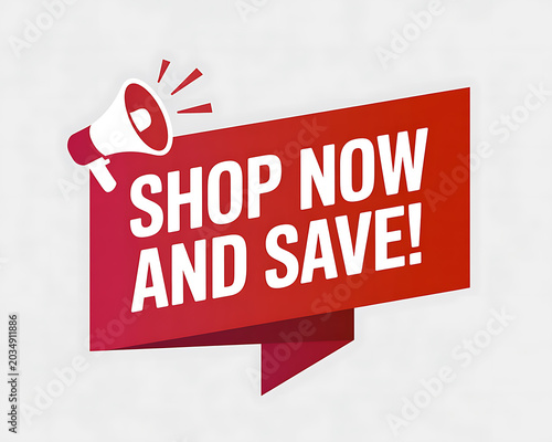 Red banner with white lettering SHOPNOWANDSAVE!