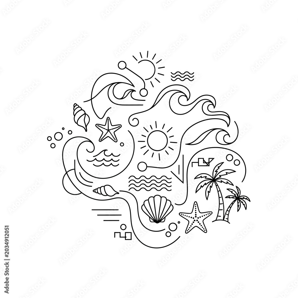 Fototapeta premium Minimalist Beach Vacation Icon: Waves, Sun, Palm Trees, Shells