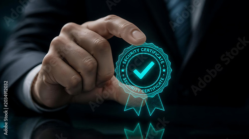 Hand in suit holding glowing digital security certificate badge with checkmark symbol.
