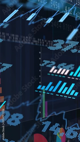 Vertical video: Camera panning, data panels shifting and updating bars and tickers for live market