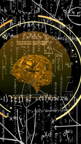 Vertical video: Gold 3D brain appearing in HUD rotating tilting rings shifting visualizing math