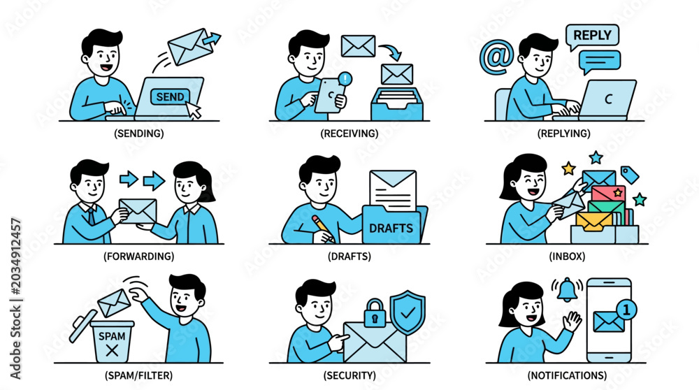 Fototapeta premium Comprehensive collection of professional vector illustrations showcasing common email communication tasks such as sending, receiving, replying, forwarding, drafts, inbox, spam filter, and security