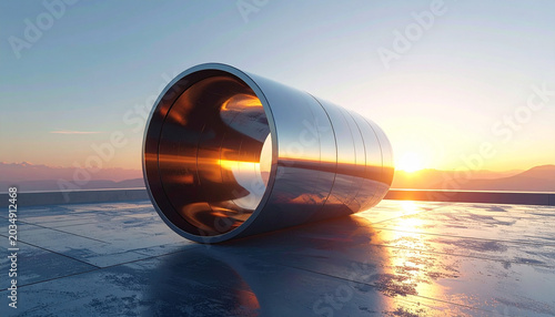 Shiny metallic cylinder lying on reflective surface at sunset with warm golden light