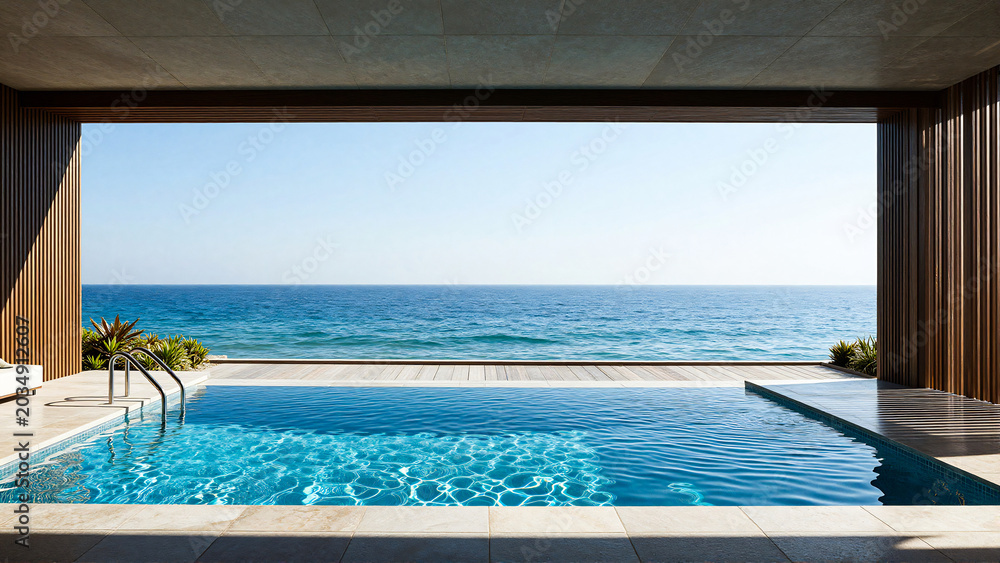 Fototapeta premium Luxurious infinity pool overlooking tranquil blue ocean